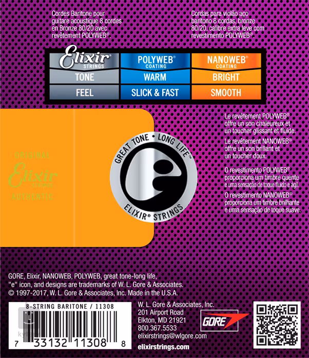 Elixir Nanoweb 80/20 Bronze 8-String Baritone - Struny pro barytonovou akustickou kytaru