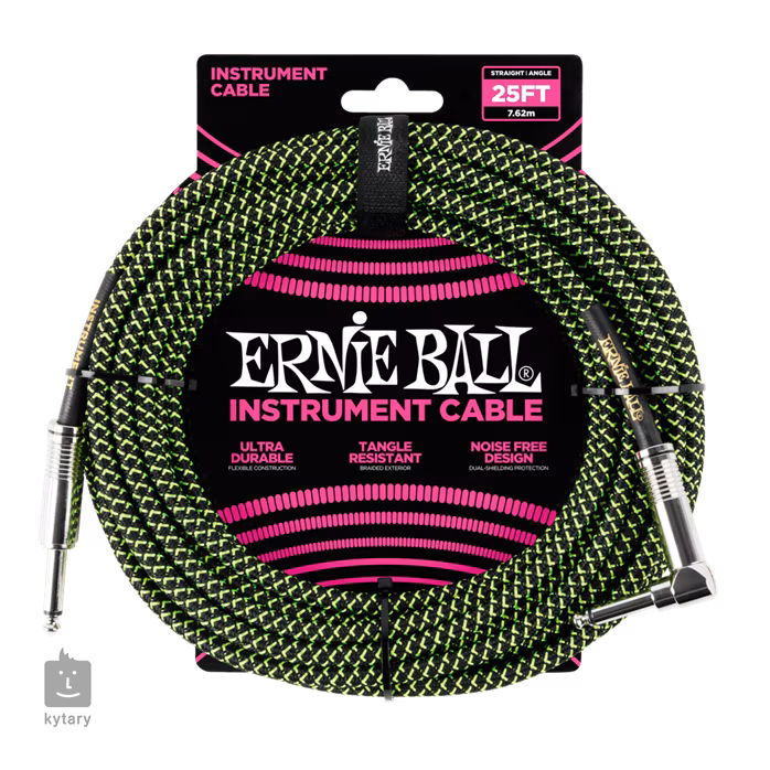 Ernie Ball 25' Braided Cable Black/Green - Nástrojový kabel
