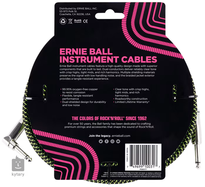 Ernie Ball 10' Braided Cable Black/Green - Nástrojový kabel