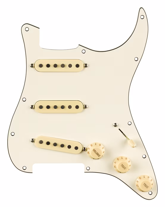 Fender Pre-Wired Strat Pickguard, Pure Vintage '65 w/RWRP Middle, Parchment 11 Hole PG - Set snímačů pro elektrickou kytaru