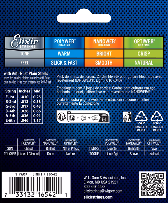 Elixir Nanoweb Light 3-Pack - Struny pro elektrickou kytaru