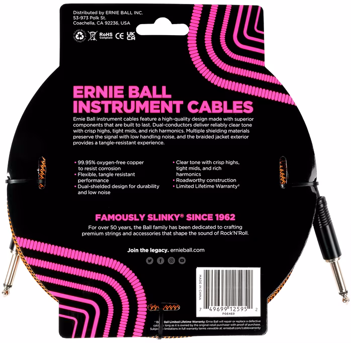 Ernie Ball Braided Instrument Cable Straight/Straight 10ft Pumpkin Pie - Nástrojový kabel