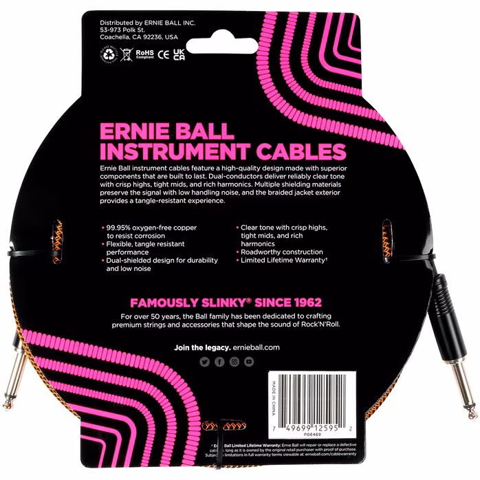 Ernie Ball Braided Instrument Cable Straight/Straight 18ft Pumpkin Pie - Nástrojový kabel