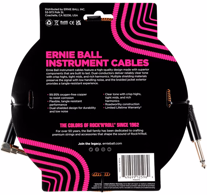 Ernie Ball Braided Instrument Cable Straight/Angle 10ft Pumpkin Pie - Nástrojový kabel