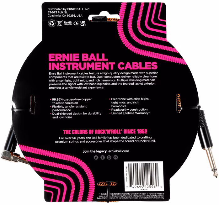 Ernie Ball Braided Instrument Cable Straight/Angle 18ft Pumpkin Pie - Nástrojový kabel