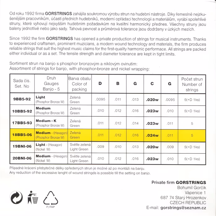 Gorstrings Banjo 18BB5-06 1124w - Struny pro pětistrunné banjo