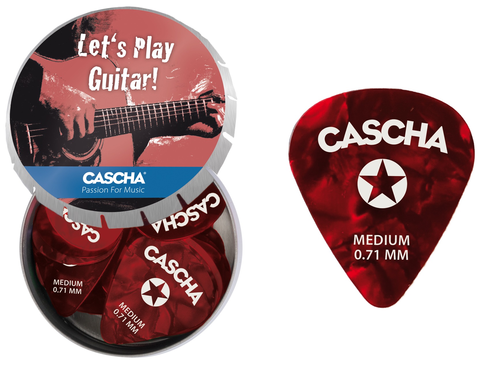 Levně Cascha Guitar Pick Set Box Medium (24 medium guitar picks + metal box)