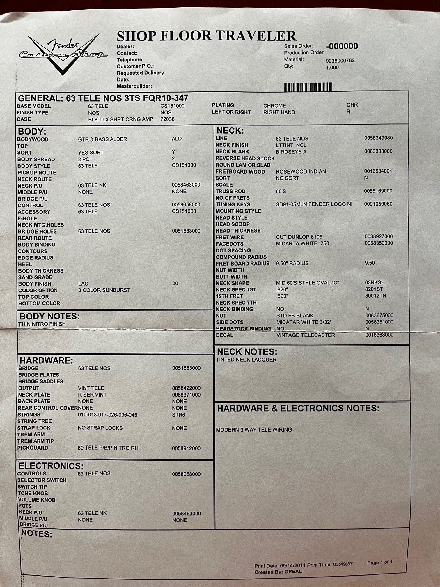 Fender Custom Shop 2012 Telecaster 63 NOS 3TSB (obrázek 11)