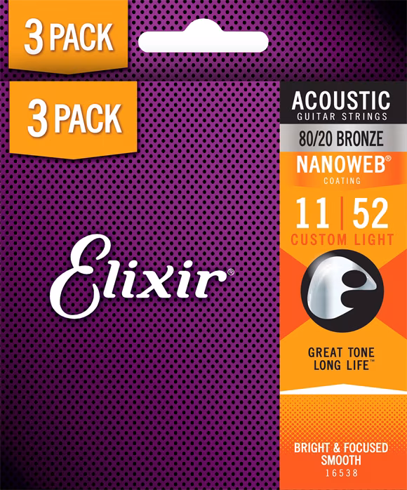 Elixir Nanoweb 80/20 Bronze Custom Light 3-Pack - Stahlseiten für akustische Gitarre
