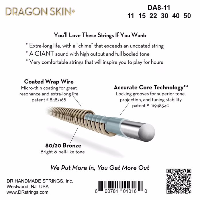 DR Strings Dragon Skin+ DA8-11 - Stahlseiten für akustische Gitarre