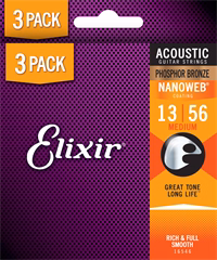 Elixir Nanoweb Phosphor Bronze Medium 3-Pack (déballé) - Cordes en métal pour guitare acoustique