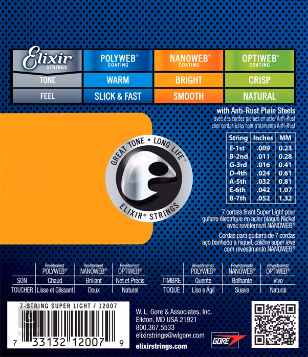 Elixir Nanoweb 7-String Super Light - 7 húros elektromos gitár húrok