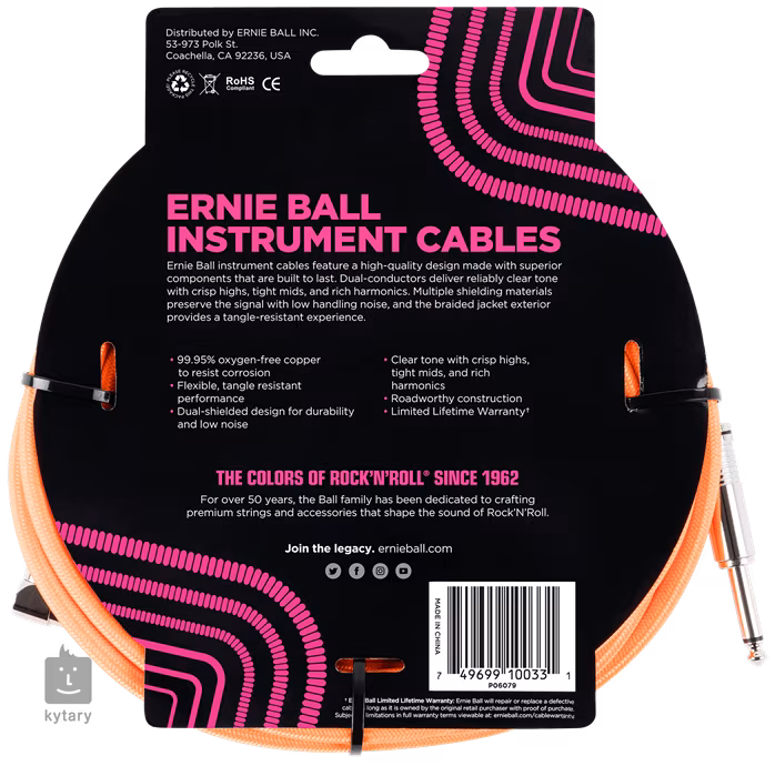 Ernie Ball 10' Braided Cable Neon Orange - Hangszer kábel