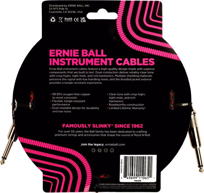 Ernie Ball Braided Instrument Cable 18' Red Black - Hangszer kábel
