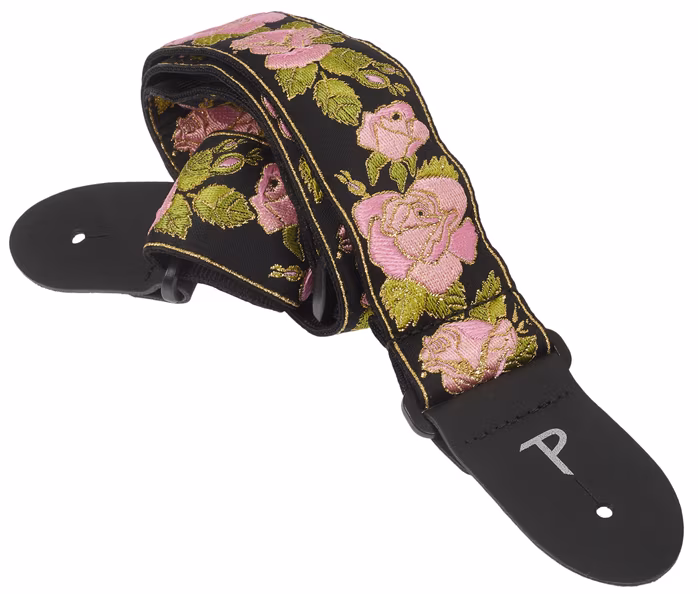 Perri's Leathers Jacquard Strap Pink And Black Flower - Gitár hevederek