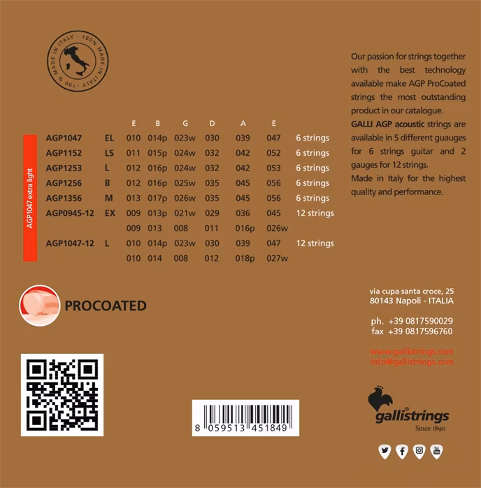 Galli AGP1047 PROcoated Phosphor Bronze Extra Light - Fém húrok akusztikus gitárra