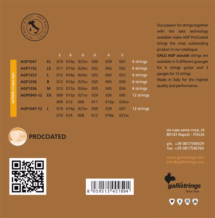 Galli AGP0945-12 PROcoated Phosphor Bronze 12 String  Extra Light - 12 húros gitár húrok