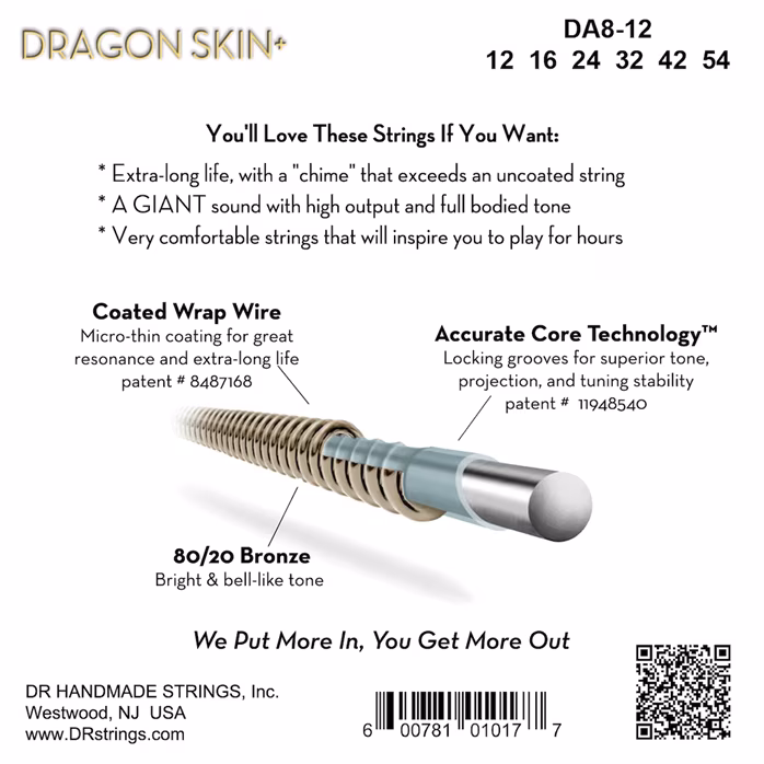 DR Strings Dragon Skin+ DA8-12 - Fém húrok akusztikus gitárra