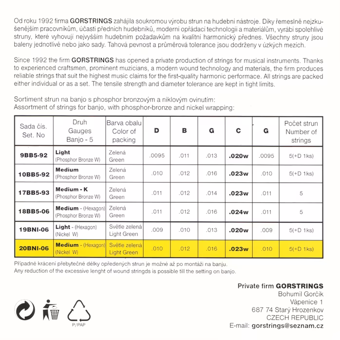 Gorstrings Banjo 20BNI-06 1023w + D - 5 húros bendzsó húrok