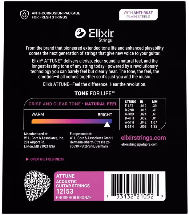 Elixir ATTUNE Phosphore Bronze Light - Fém húrok akusztikus gitárra