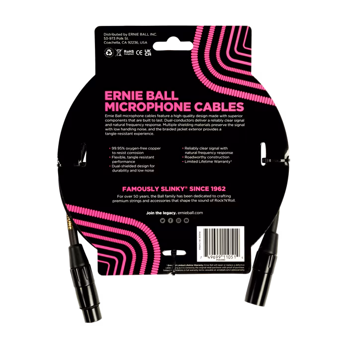 Ernie Ball 5' Braided XLR Cable Black - Kabel mikrofonowy