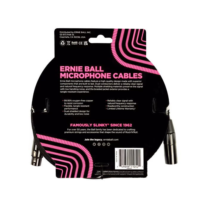 Ernie Ball 15' Braided XLR Cable Black - Kabel mikrofonowy