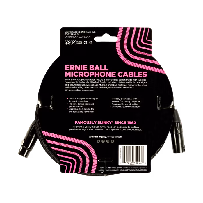 Ernie Ball 20' Braided XLR Cable Black - Kabel mikrofonowy