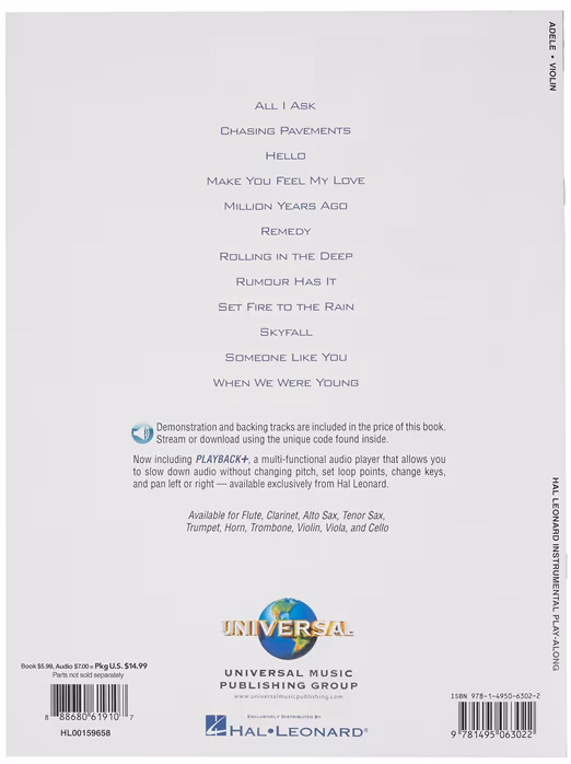 MS Hal Leonard Instrumental Play-Along: Adele - Violin - Nuty na skrzypce