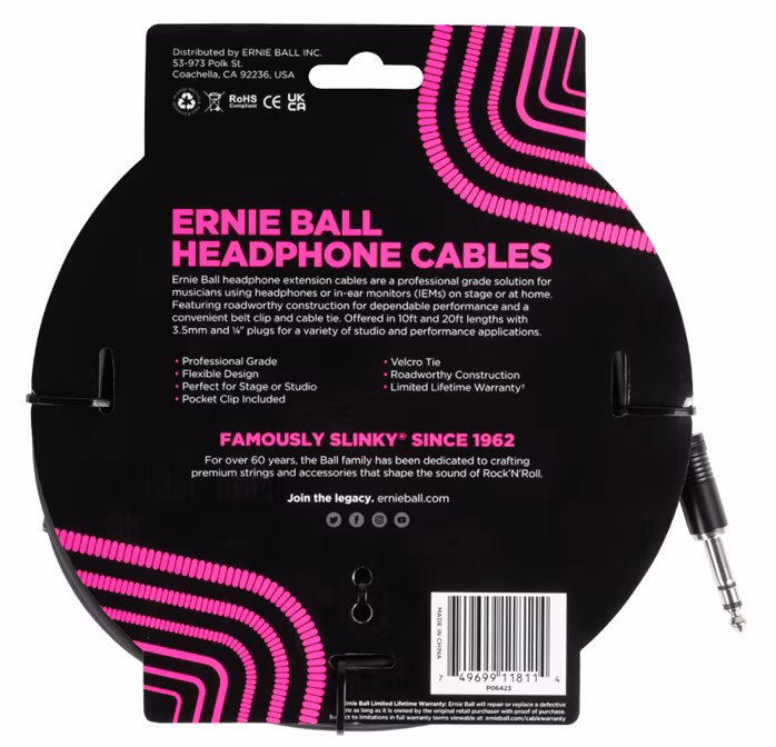 Ernie Ball Headphone Extension Cable 1/4 to 3.5mm 20' Black  - Przedłużacz