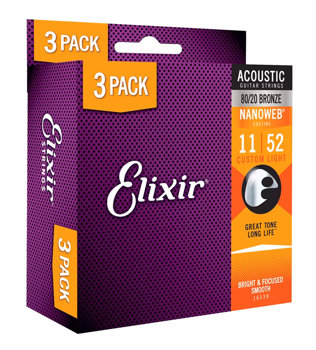 Elixir Nanoweb 80/20 Bronze Custom Light 3-Pack - Metalowe struny do gitary akustycznej
