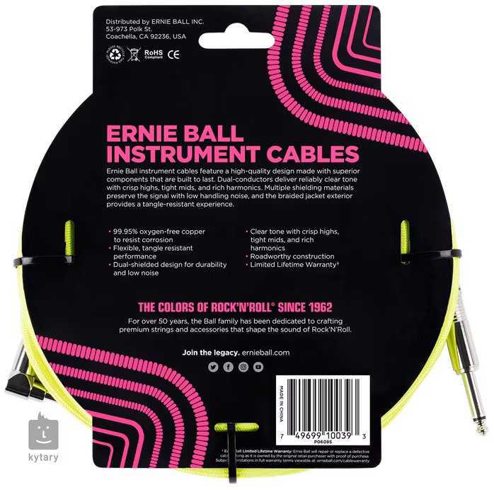 Ernie Ball 18' Braided Cable Neon Yellow - Nástrojový kábel
