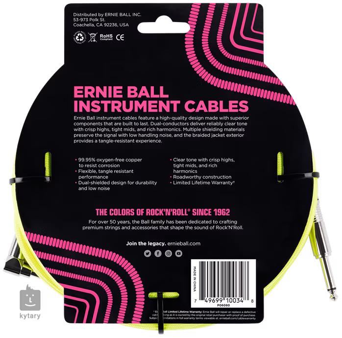 Ernie Ball 10' Braided Cable Neon Yellow - Nástrojový kábel