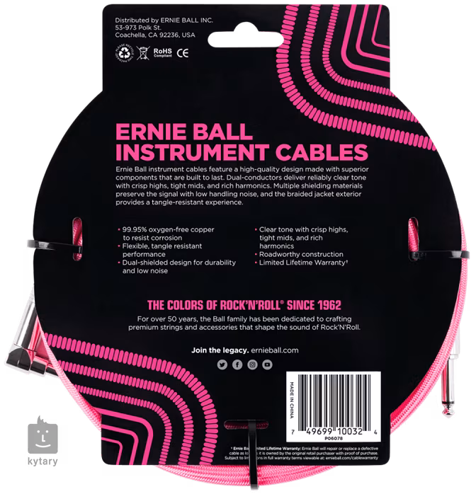 Ernie Ball 10' Braided Cable Neon Pink - Nástrojový kábel