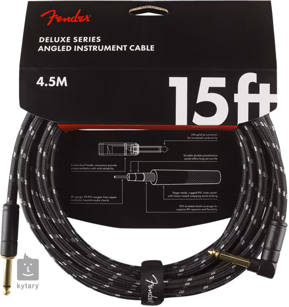Fender Deluxe Series 15' Instrument Cable Black Tweed Angled - Nástrojový kábel