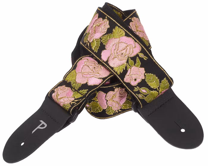 Perri's Leathers Jacquard Strap Pink And Black Flower - Gitarový popruh