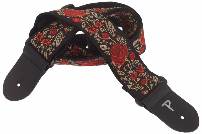 Perri's Leathers 7634 Jacquard Red/Gold Roses - Gitarový popruh