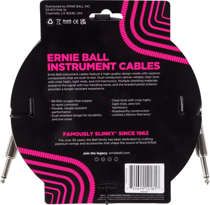 Ernie Ball Braided Instrument Cable Straight/Straight 10ft - Silver Fox - Nástrojový kábel