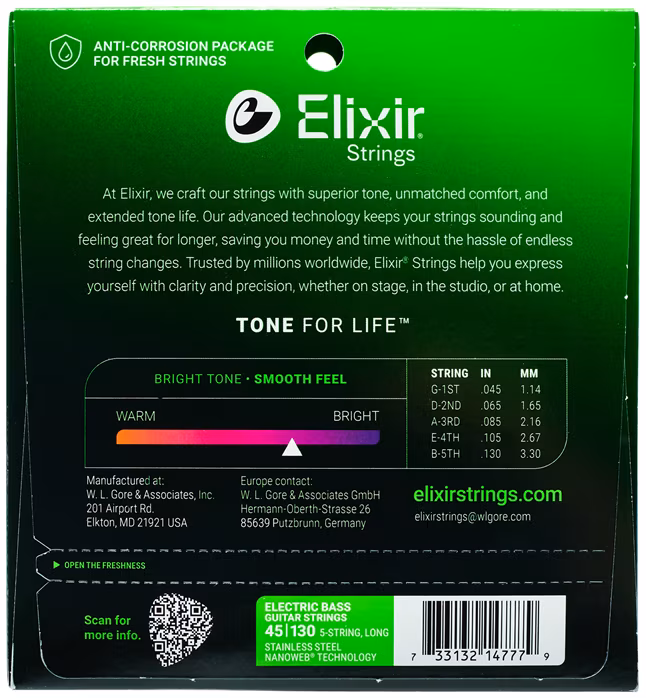Elixir 14777 Light, Long Scale - Struny na päťstrunovú basgitaru