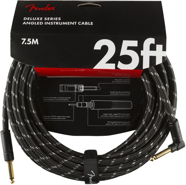 E-shop Fender Deluxe Series 25' Instrument Cable Black Tweed Angled