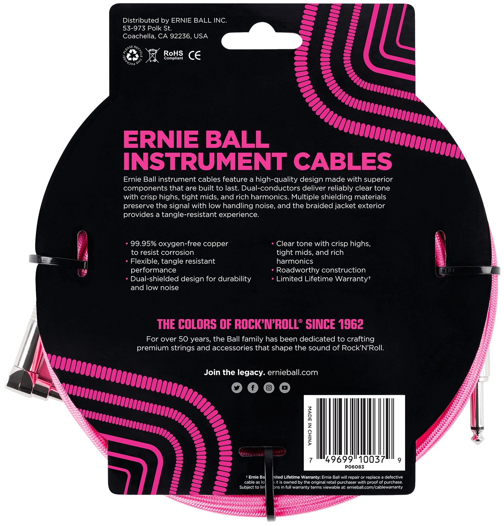 Ernie Ball 18′ Braided Cable Neon Pink