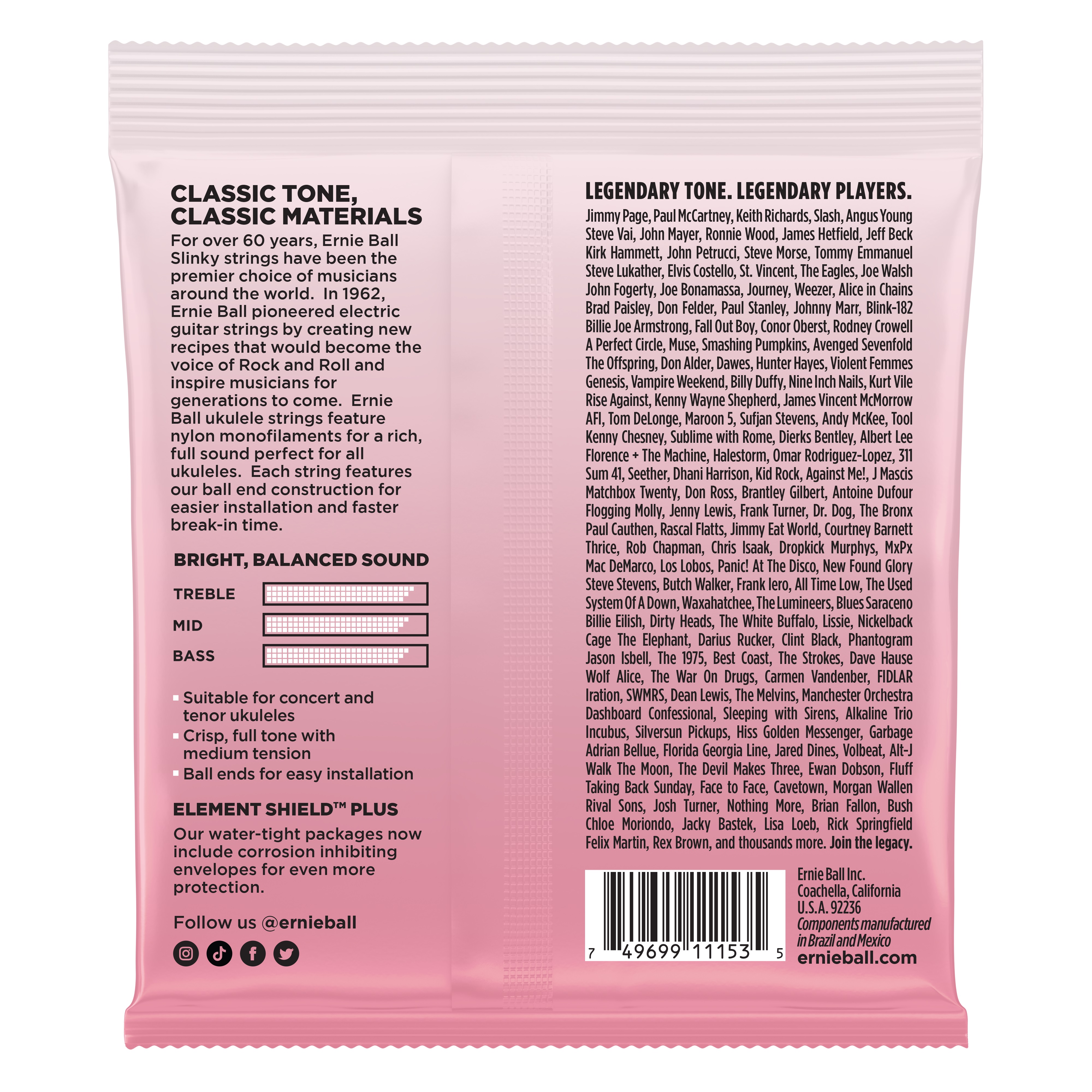 Ernie Ball Concert & Tenor Ukulele Strings Wound G Clear