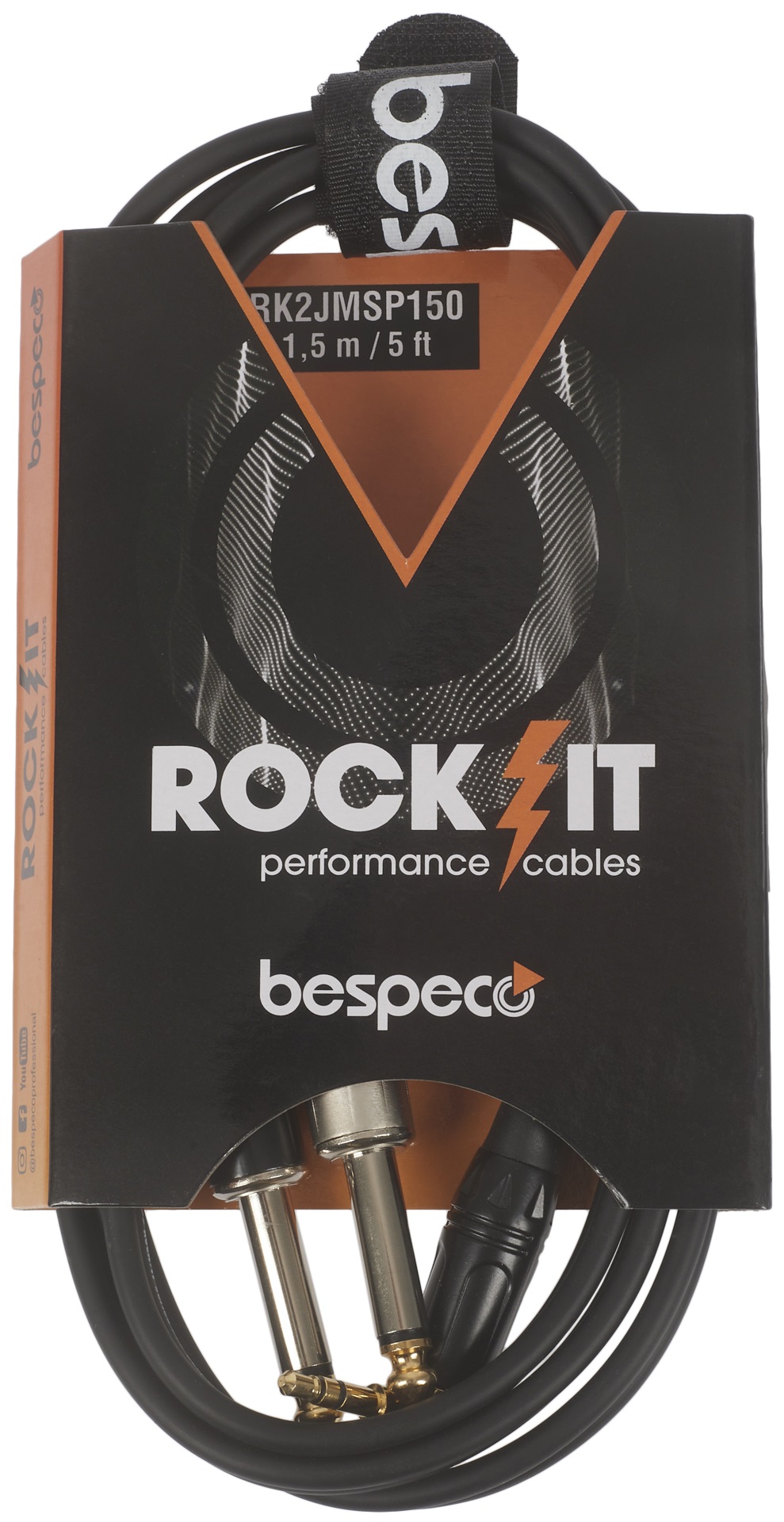 E-shop Bespeco ROCKIT Interlink Cable Jack 3,5 TRS M 90° - 2x Jack TS 1,5 m