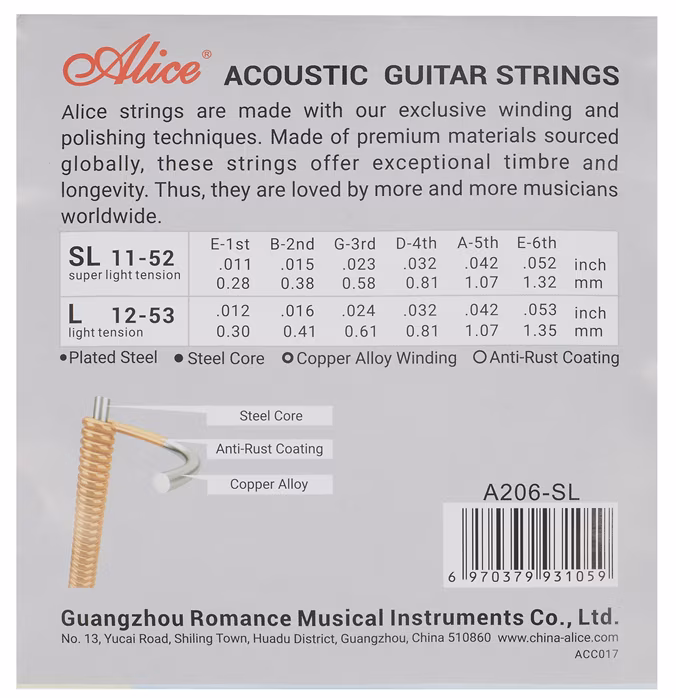 Alice A206-SL Acoustic Guitar Strings - Stahlseiten für akustische Gitarre