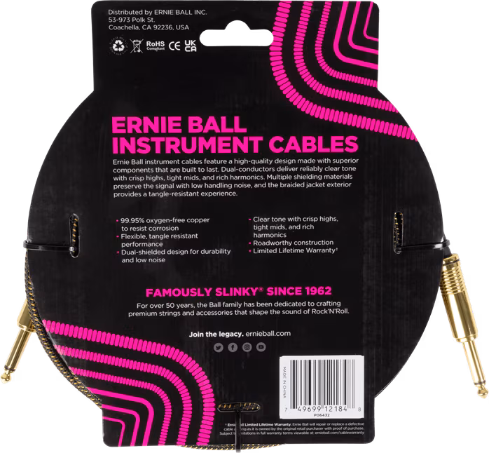 Ernie Ball Braided Instrument Cable Straight/Straight 18ft - Pay Dirt - Nástrojový kabel