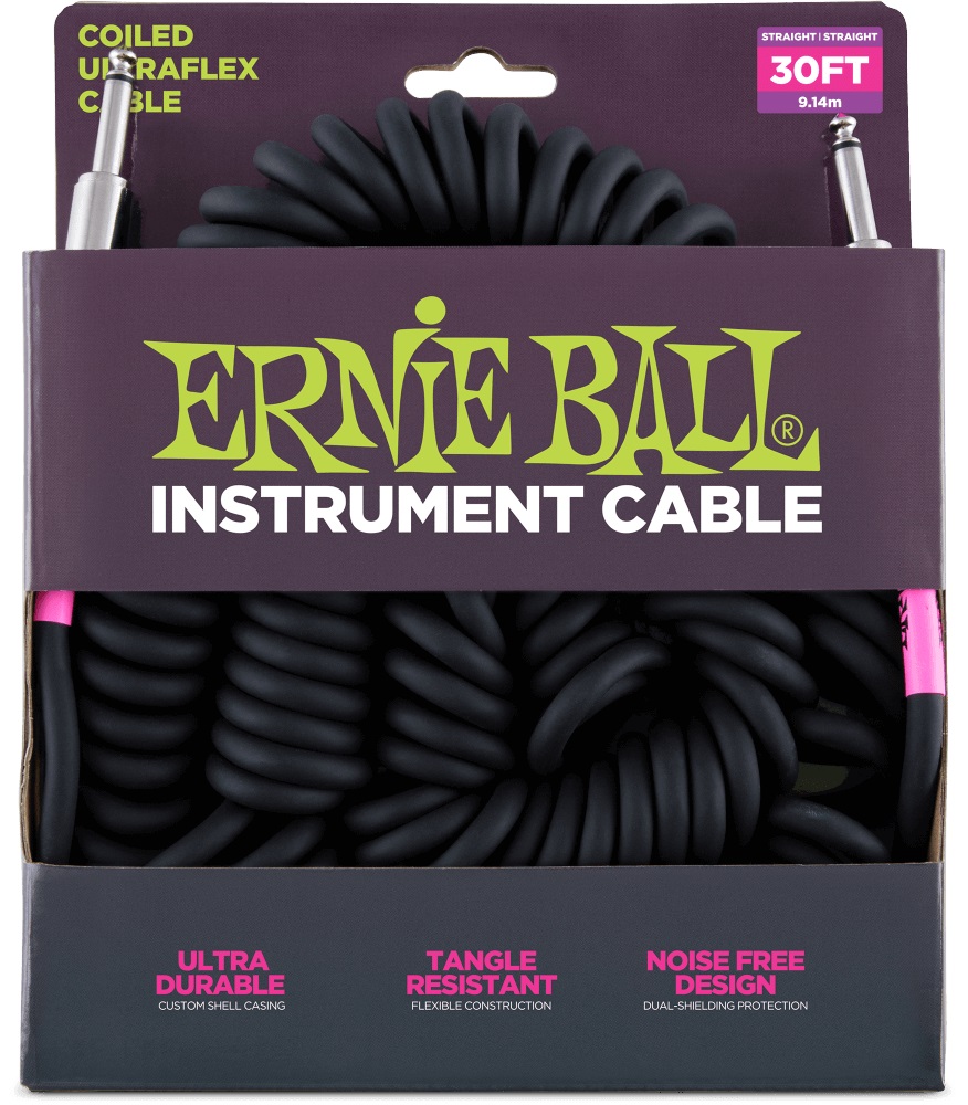 Ernie Ball 30' Coil Cable Straight/Straight Black