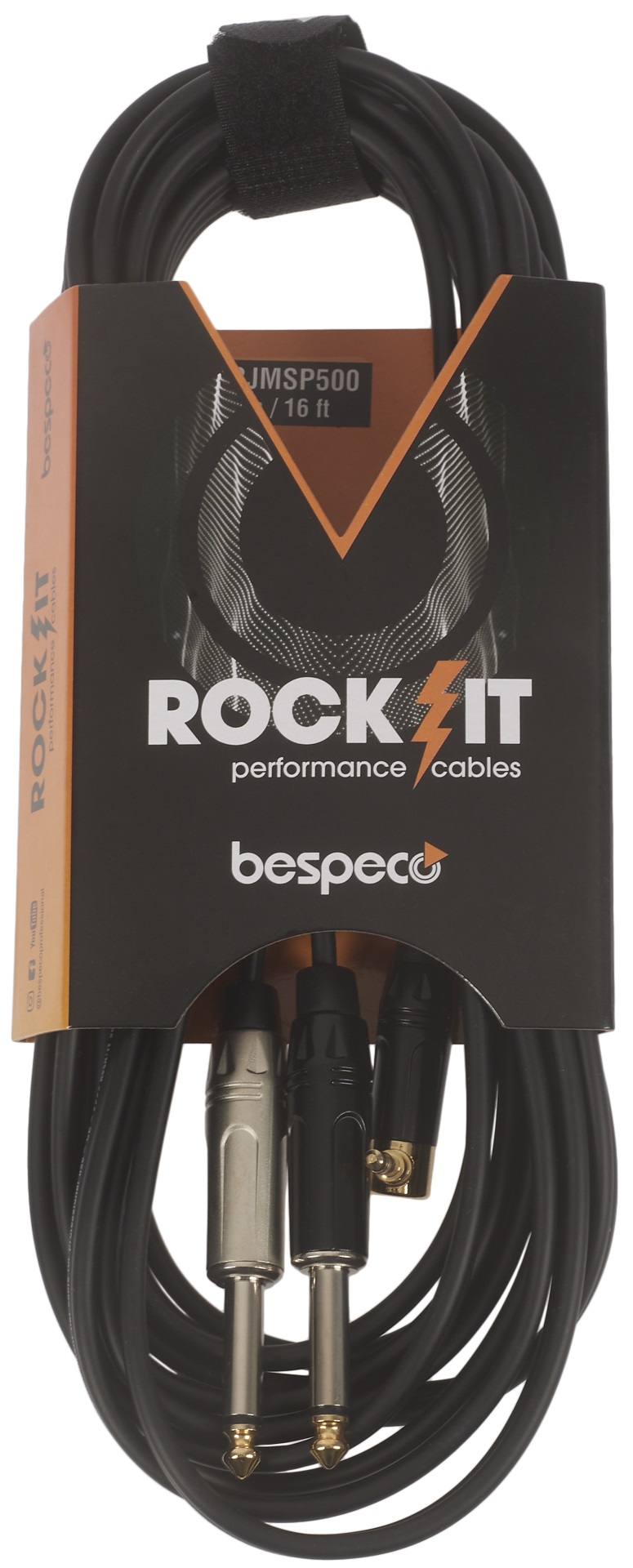 Fotografie Bespeco ROCKIT Interlink Cable Jack 3,5 TRS M 90° - 2x Jack TS 5 m