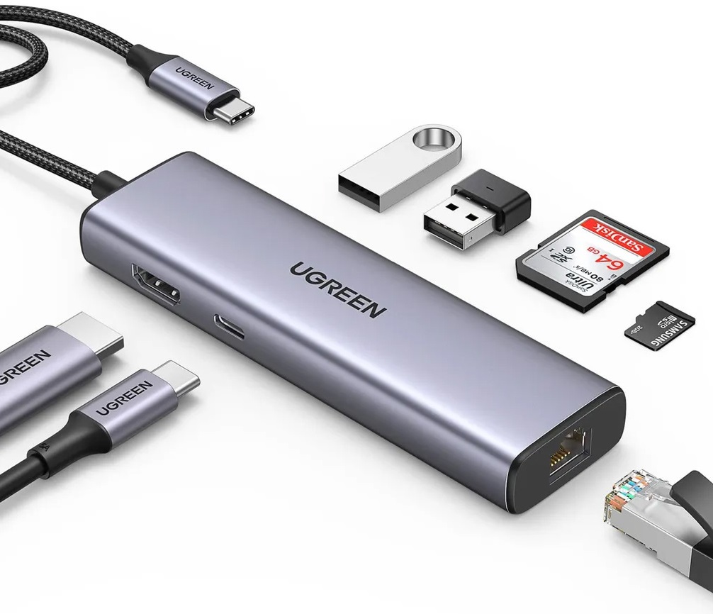 Ugreen 90568 Replikátor portů USB-C/2*USB3.0+HDMI+RJ45+SD&TF +PD