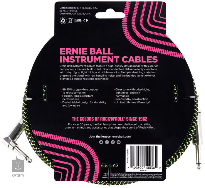 Ernie Ball 18' Braided Cable Black/Green - Instrumentenkabel