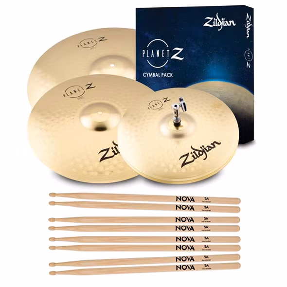 Zildjian Planet Z 4 Cymbal pack + 4 Paar Trommelstöcke NOVA 5A - Becken-Set