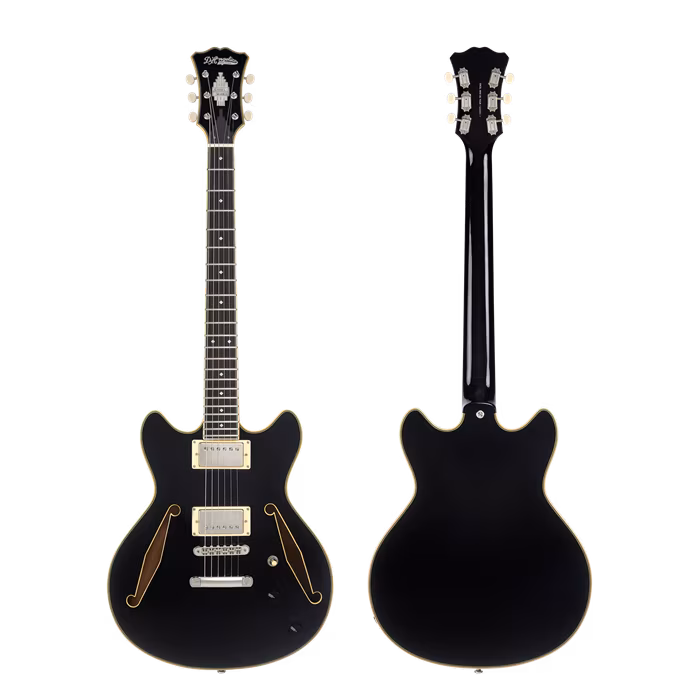 D'Angelico Tour Collection Mini DC Double Cutaway Stop-Bar Tailpie CE Solid Black (ausgepackt) - Semiakustische Gitarre